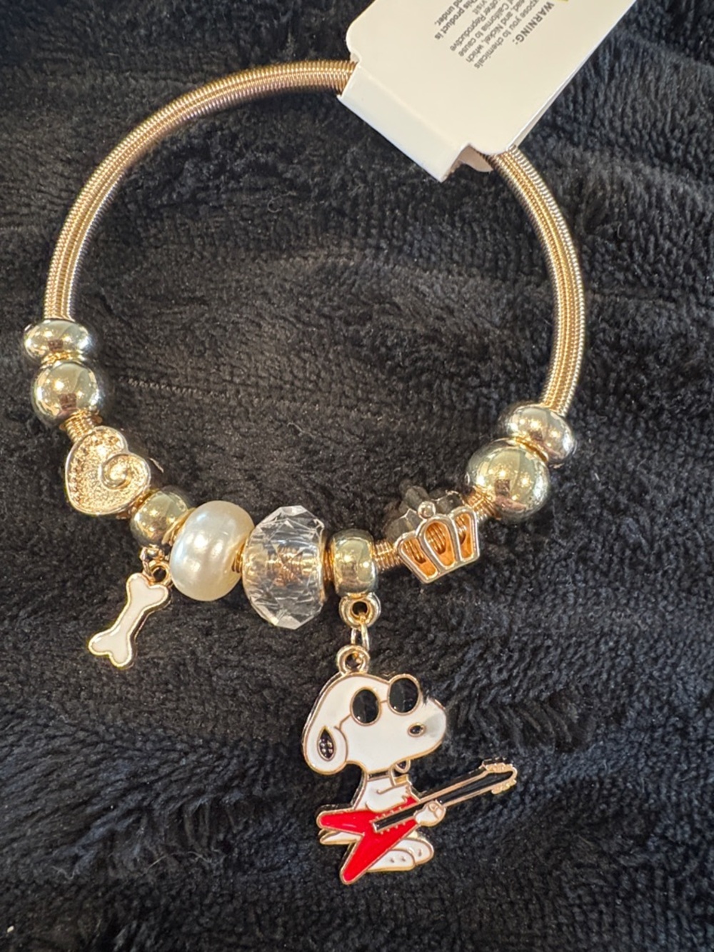 Gold-Tone Snoopy Guitar Charm Bracelet with Pearl & Crystal Beads